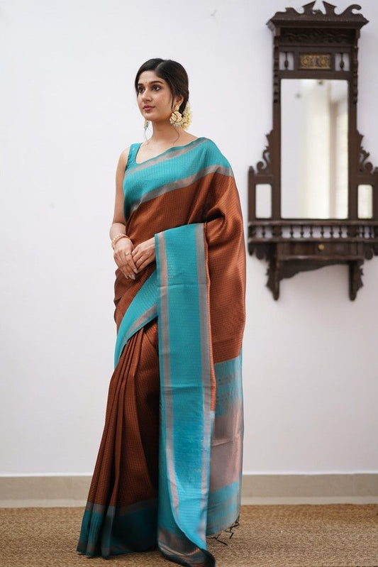 Soft Lichi Silk Teal Brown Contrast Border Sare