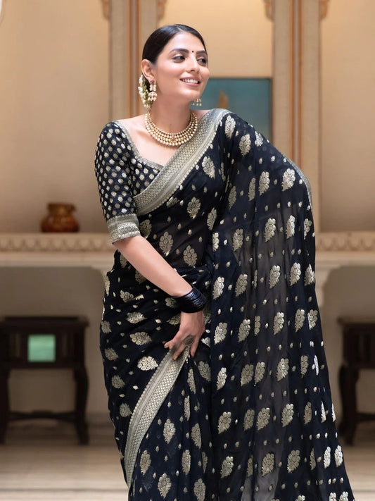Black Gold Lichi Silk Saree – Festive Wear