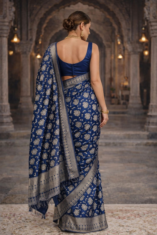 Soft Lichi Silk Saree – Navy Blue Zari