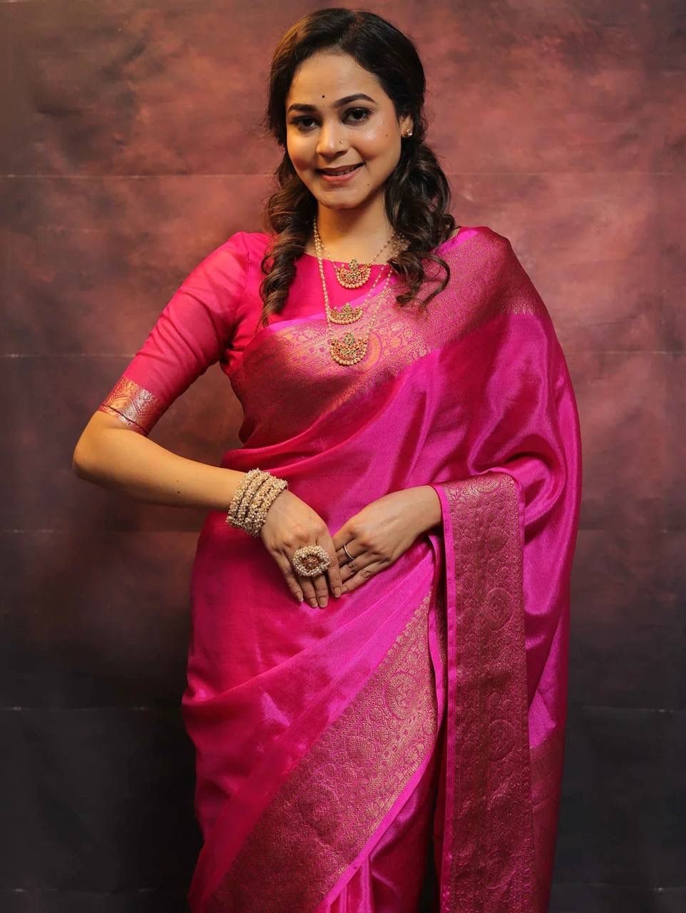 Pink Soft Lichi Zari Work Saree