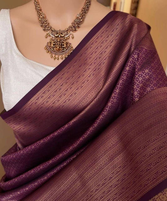 Soft Lichi Silk Wine Purple Zari Border Saree