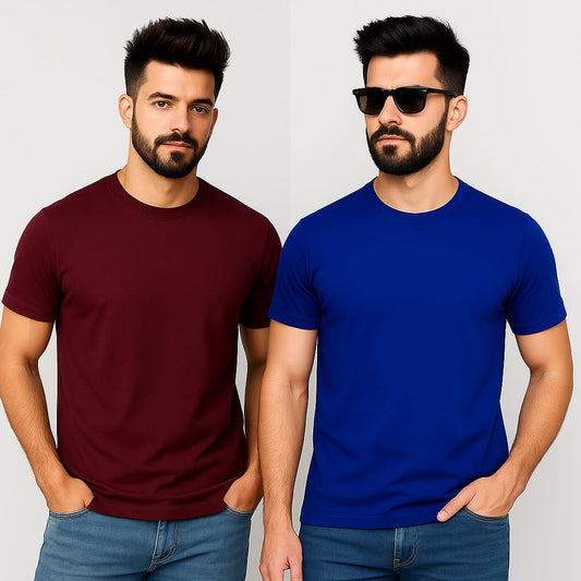 Gemini Premium Round Neck T-Shirt Combo (Pack of 2) – Maroon & Royal Blue | Ultra-Soft, Daily Wear Fit