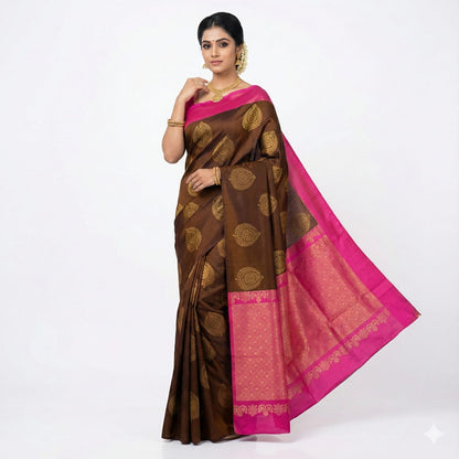 Brown Pink Woven Festive Saree