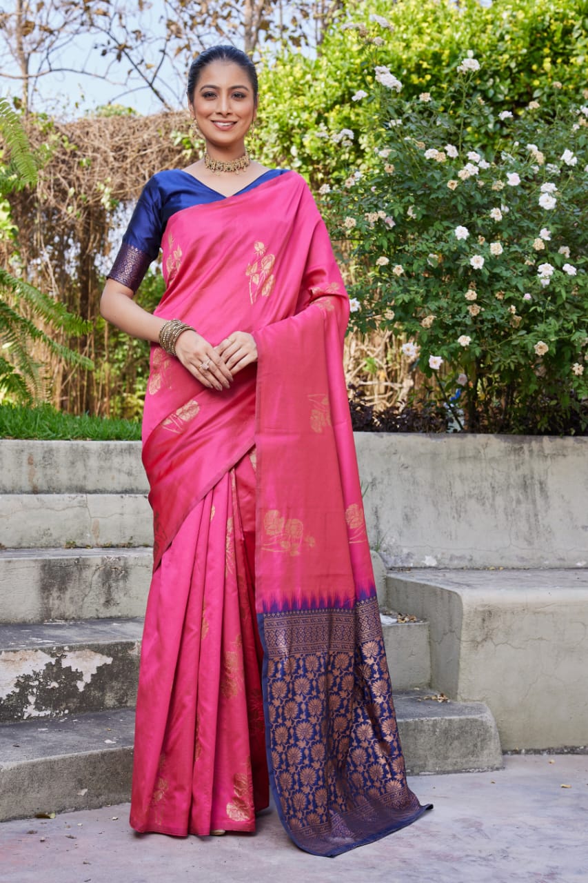 Pink Soft Lichi Silk Saree with Navy Blue Jacquard Pallu