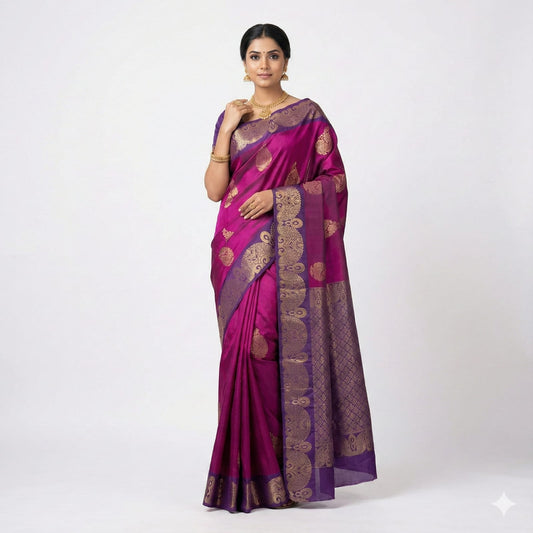 Soft Lichi Silk Magenta Purple Zari Border Saree