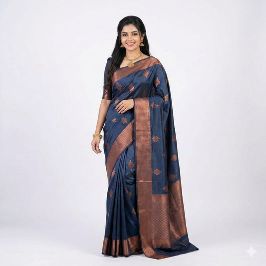 Soft Lichi Silk Navy Blue Premium Border Saree