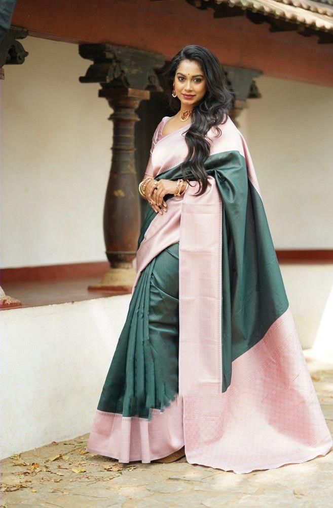 Soft Lichi Silk Pastel Pink & Bottle Green Saree