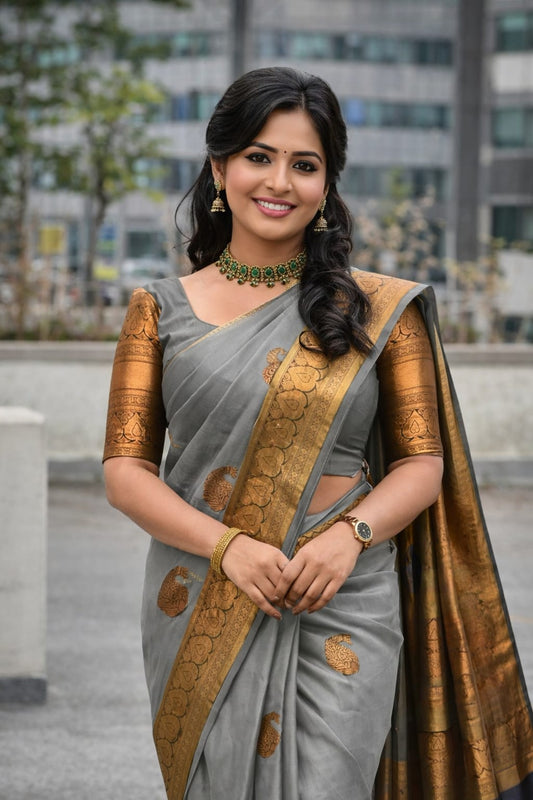 Soft Lichi Silk Grey Premium Border Saree