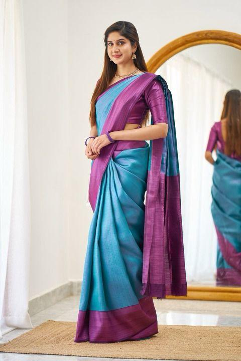 Soft Lichi Silk Teal Blue & Purple Premium Border Saree