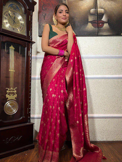 Rani Pink Lichi Silk Jacquard Saree with Rich Zari Border