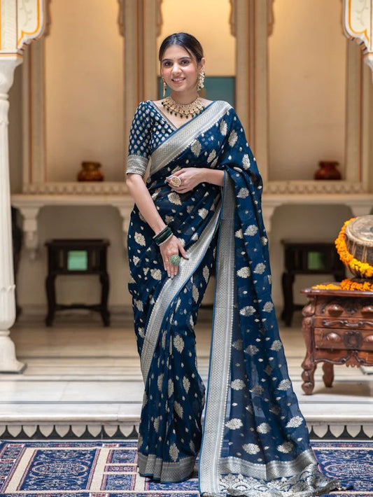 Navy Blue Lichi Silk Zari Saree