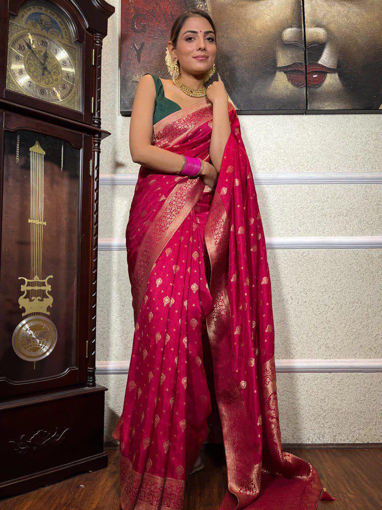 Rani Pink Lichi Silk Jacquard Saree with Rich Zari Border