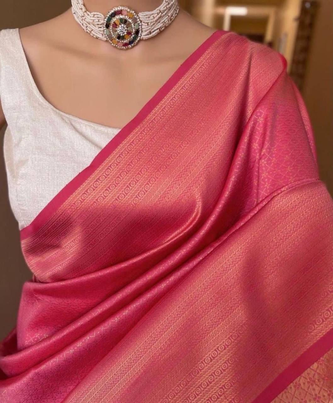 Soft Lichi Silk Rose Pink Zari Border Saree
