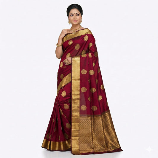 Soft Lichi Silk Maroon Zari Border Saree