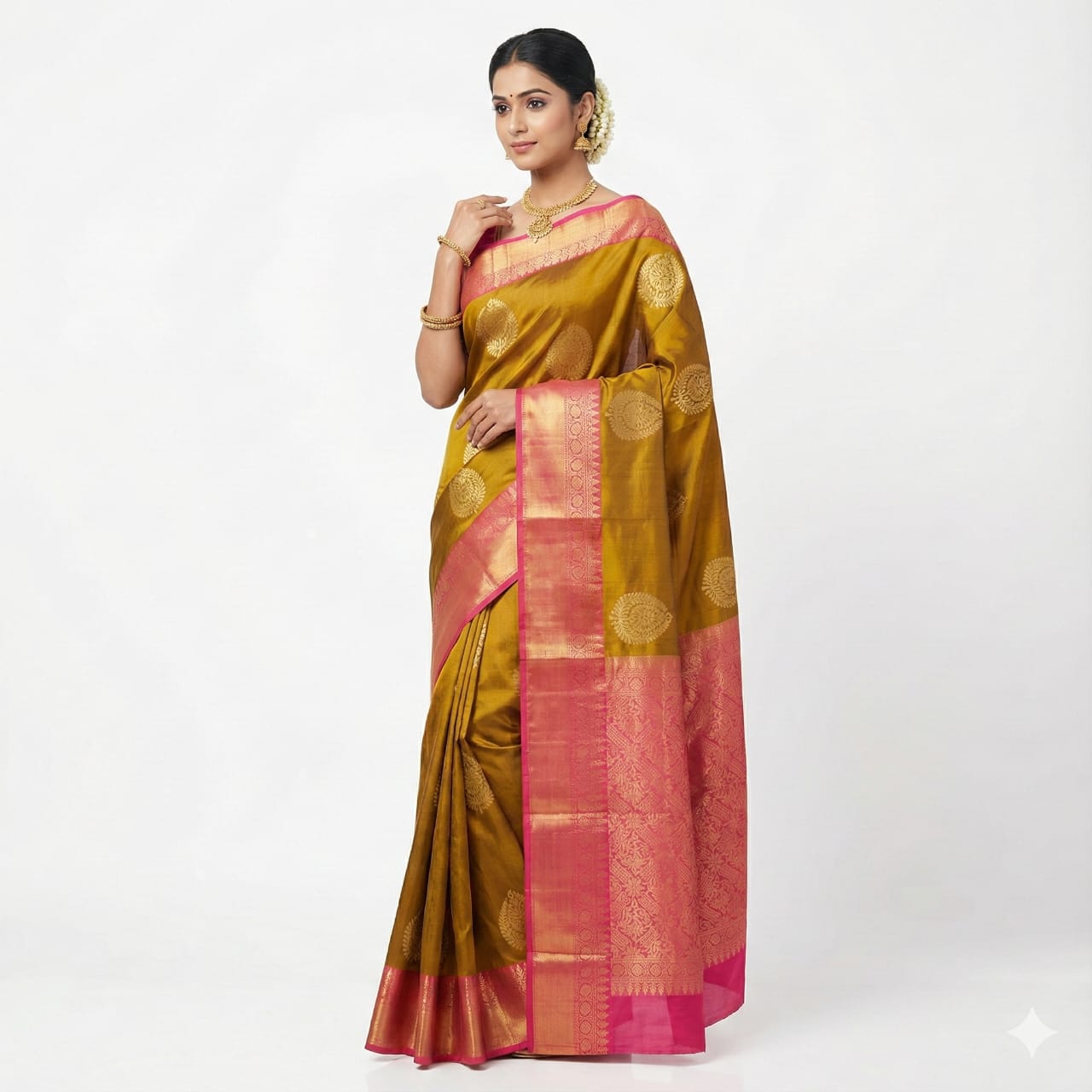 Mustard Pink Woven Festive Saree