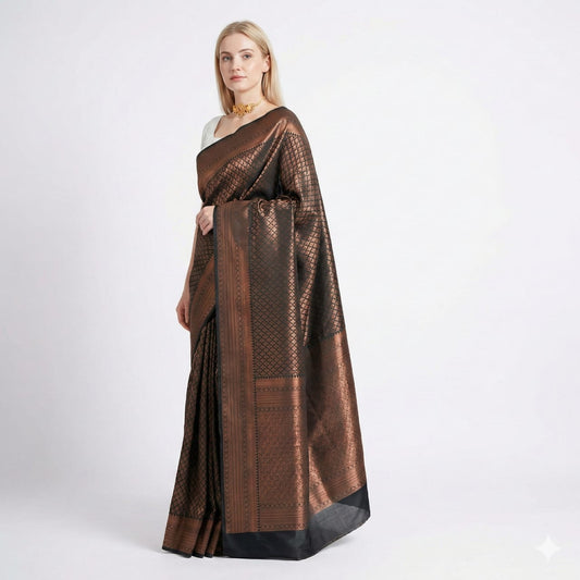 Soft Lichi Silk Copper Brown Jacquard Border Saree
