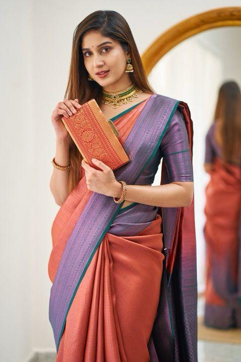 Soft Lichi Silk Rust Orange & Purple Contrast Border Saree