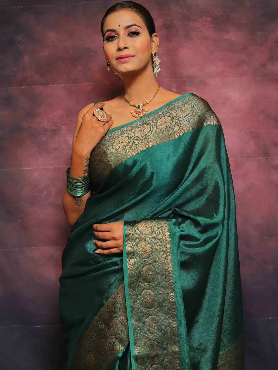 Bottle Green Soft Lichi Zari Work Saree
