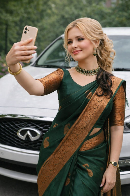 Soft Lichi Silk Bottle Green Premium Border Saree