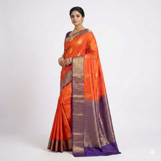 Soft Lichi Silk Orange Saree with Purple Zari Border