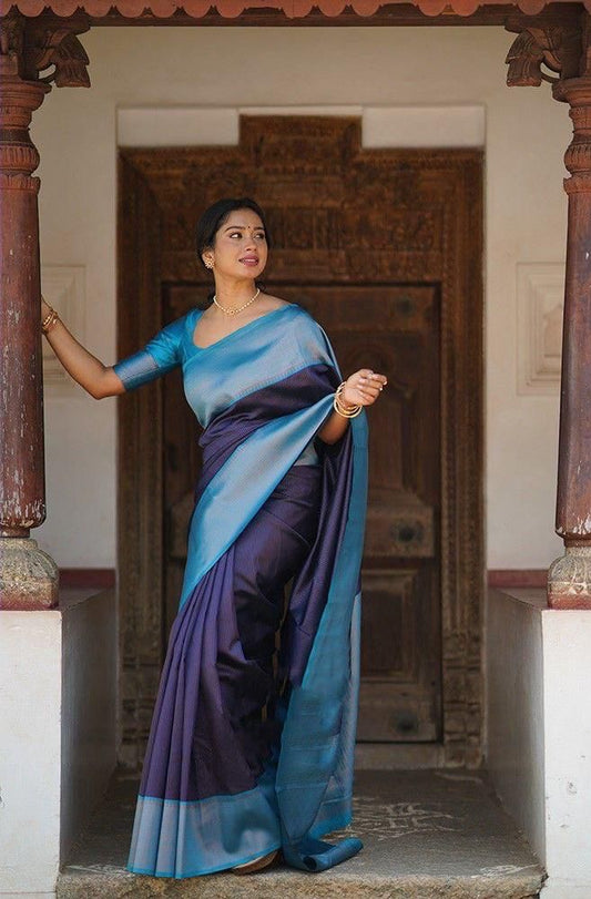 Soft Lichi Silk Navy Blue & Sky Blue Saree