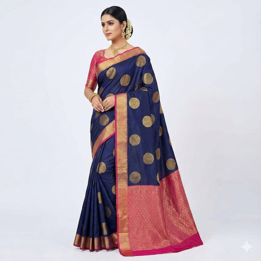 Navy Blue Zari Woven Silk Saree