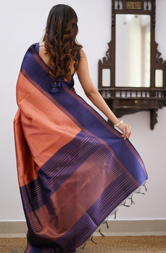 Soft Lichi Silk Navy Blue Rust Contrast Border Saree