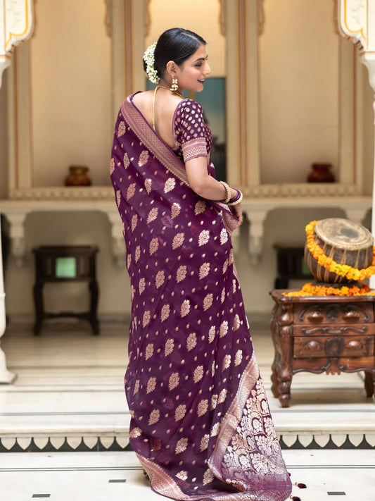 Wine Purple Lichi Silk Zari Saree