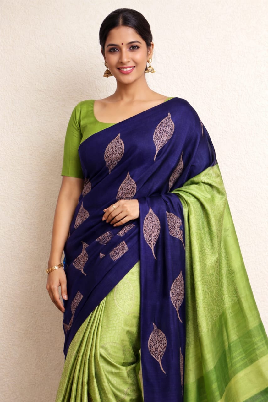 Soft Lichi Silk Saree – Navy Green Zari