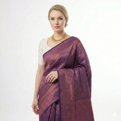 Soft Lichi Silk Purple Copper Jacquard Border Saree