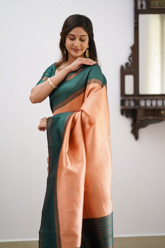 Soft Lichi Silk Bottle Green Peach Contrast Border Saree