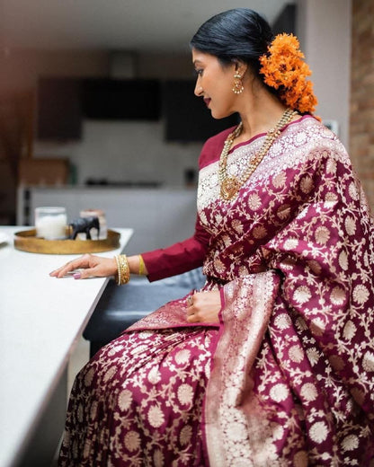 Soft Lichi Silk Saree with Heavy All-Over Zari Work