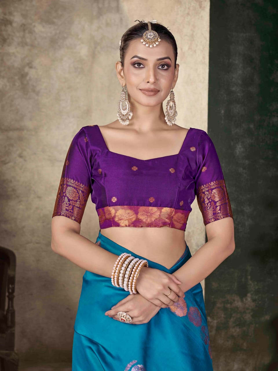 Premium Teal Blue Soft Lichi Silk Banarasi Saree with Purple Blouse