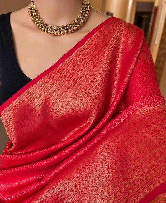 Soft Lichi Silk Red Zari Border Saree