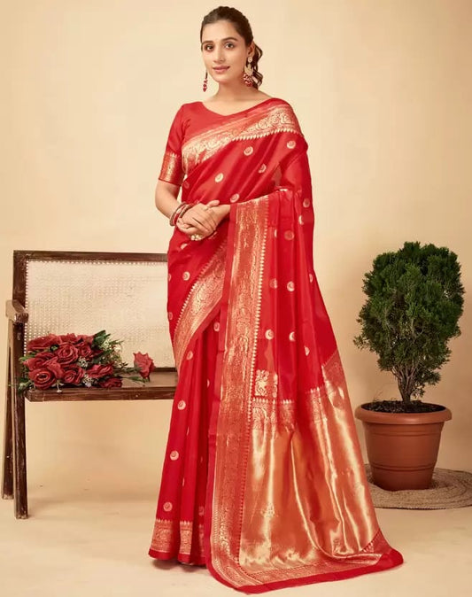Red Soft Lichi Zari Saree