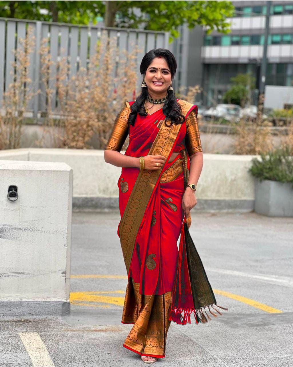 Soft Lichi Silk Red Premium Border Saree