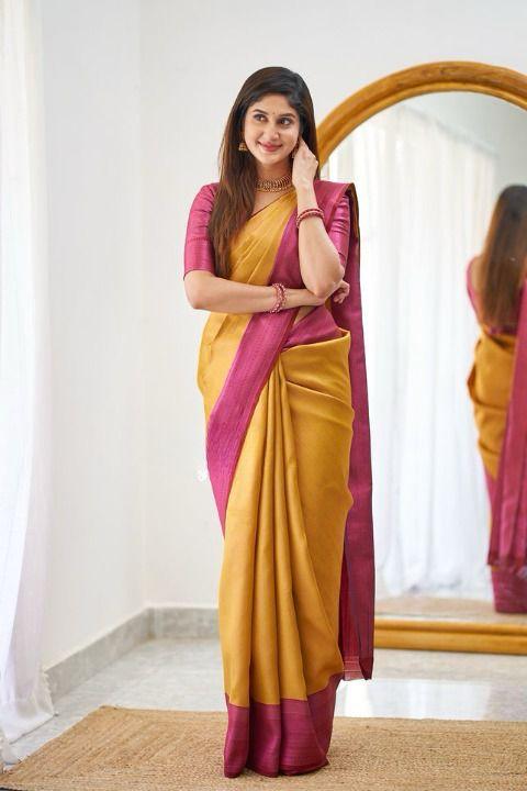 Soft Lichi Silk Mustard Yellow Saree with Magenta Border