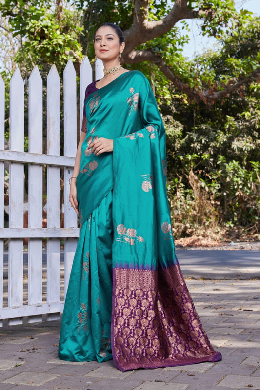 Teal Green Soft Lichi Silk Saree with Purple Jacquard Pallu