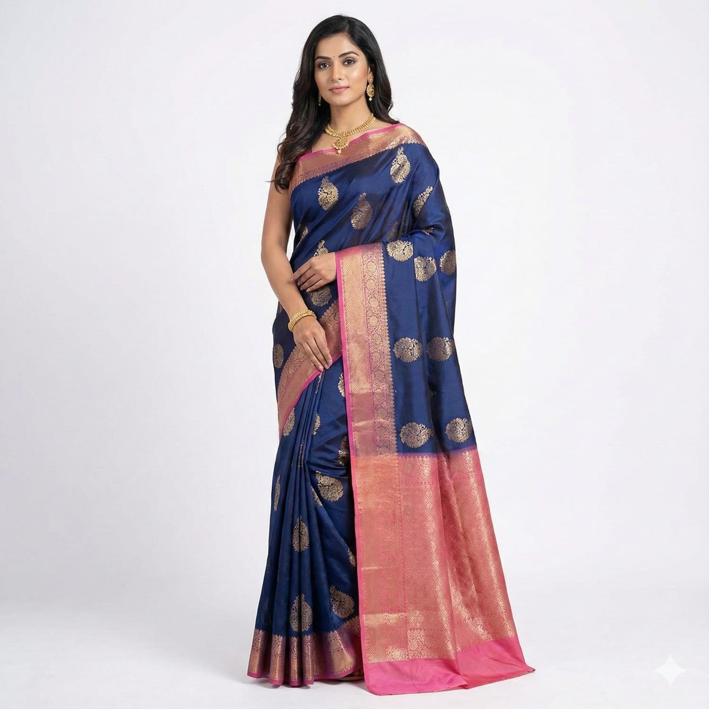 Soft Lichi Silk Navy Blue Saree with Pink Zari Border