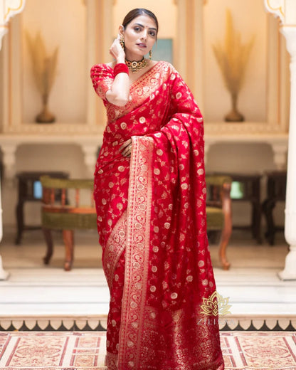 Red Soft Lichi Zari Saree