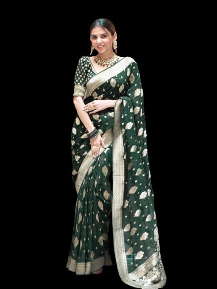 Dark Green Lichi Silk Zari Saree