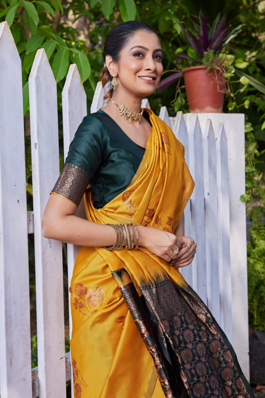 Mustard Yellow Soft Lichi Silk Saree with Dark Green Jacquard Pallu