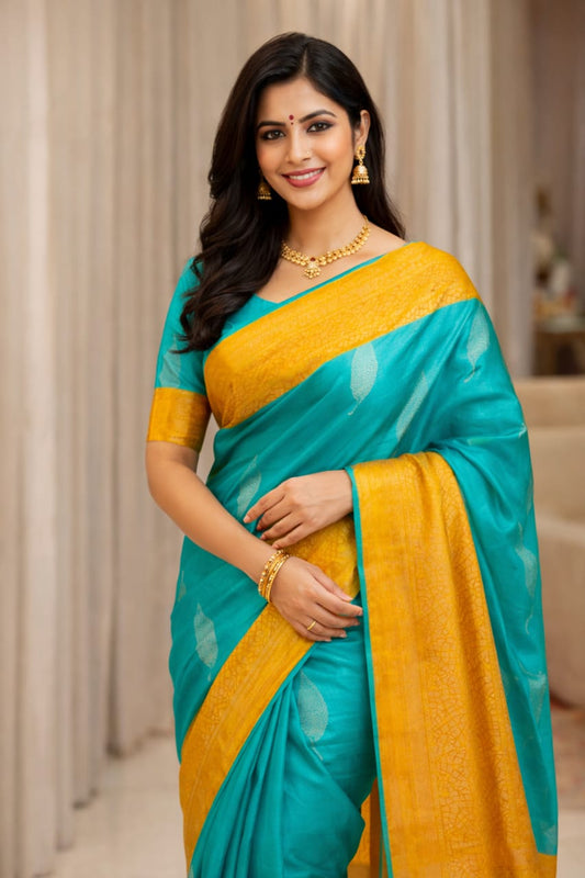Soft Lichi Silk Saree – Sea Green Mustard