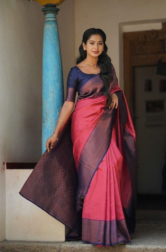 Soft Lichi Silk Pink & Navy Contrast Saree