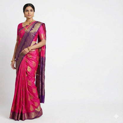 Soft Lichi Silk Pink Saree with Purple Jacquard Zari Border