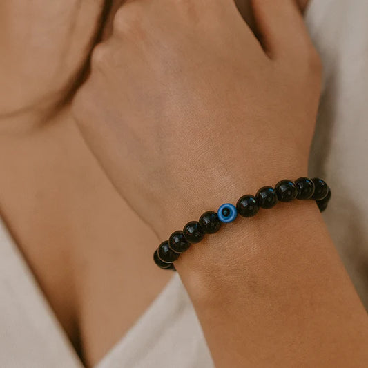 Urthn Black Obsidian Beads Bracelet with Evil Eye