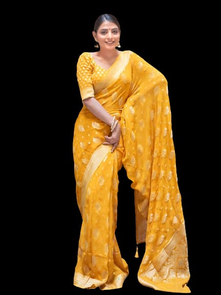 Mustard Yellow Lichi Silk Saree