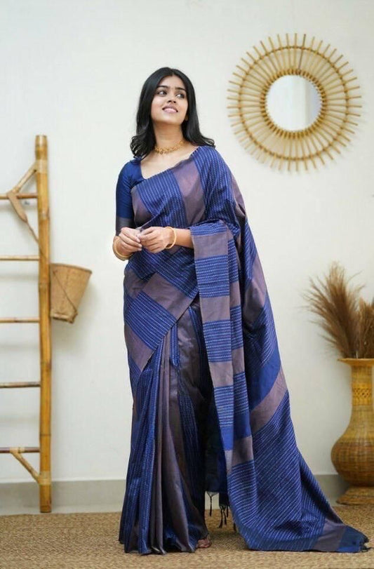 Soft Lichi Silk Navy Blue Printed Saree