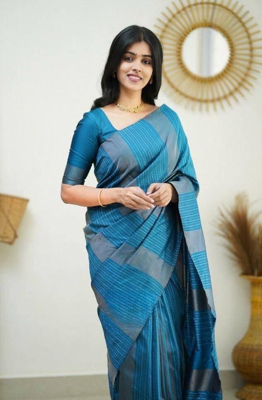 Soft Lichi Silk Teal Blue Printed Saree