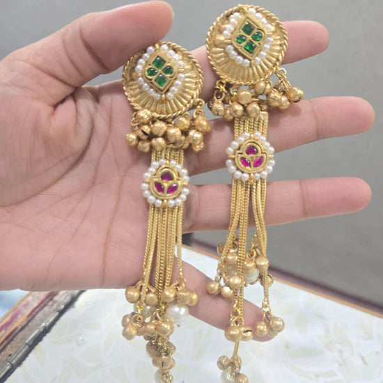 JCM Graceful Kundan Stone Pearl And Ghungroo Dangler Earrings
